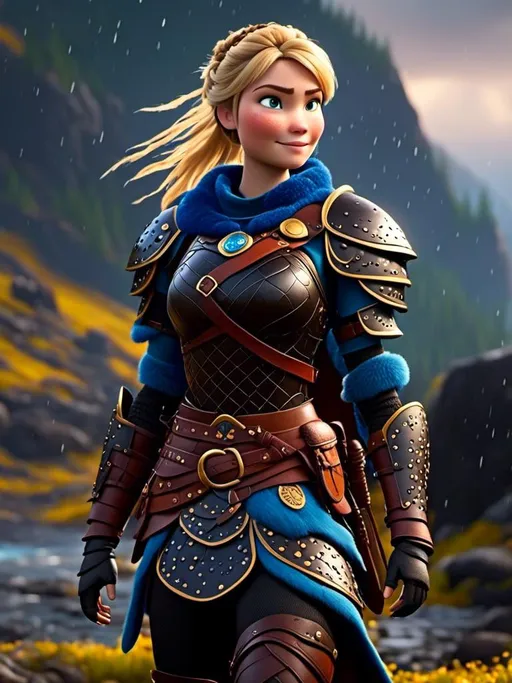 Prompt: <mymodel>CGi Animation, 20-year-old viking woman with blue eyes, ((she is wearing a royal helmet)), a rainy scene, the viking woman has a subtle smile with it pouring down rain, blonde hair in a ponytail style, she has blue gear, gold armor, black pants, black boots