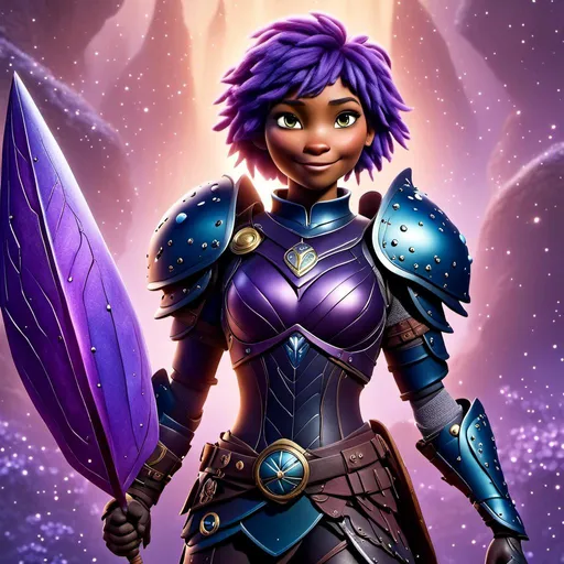 Prompt: a photo of <mymodel>, a {{{caucasian viking female}}} with purple hair and purple gear and armor with bursts of blue textures