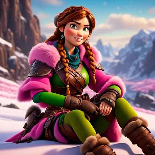 Prompt: <mymodel>CGI Animation, 20-year-old-old pirate woman, sitting on a snow bank, a snowy scene, {{pink gear, yellow armor}}, brunette hair, dreadlocks, subtle smile, beads hair, small pink earrings, multiple braids, pink gear, straight hair, green eyes, bracelets, rings on fingers, mercenary gear, unreal engine 8k octane, 3d lighting, full armor