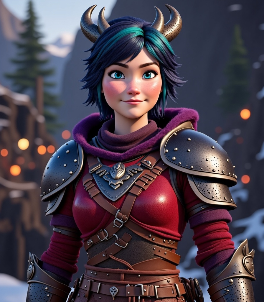 Prompt: <mymodel>CGI Animation, digital art, 20-year-old-old viking woman with violet eyes, Dark red Long sleeve shirt, skirt with dragon teeth on it, wears the snow wraith hood, ((dark dark blue hair with teal, pink and purple streaks)), subtle smile, unreal engine 8k octane, 3d lighting, close up camera shot on the face, full armor