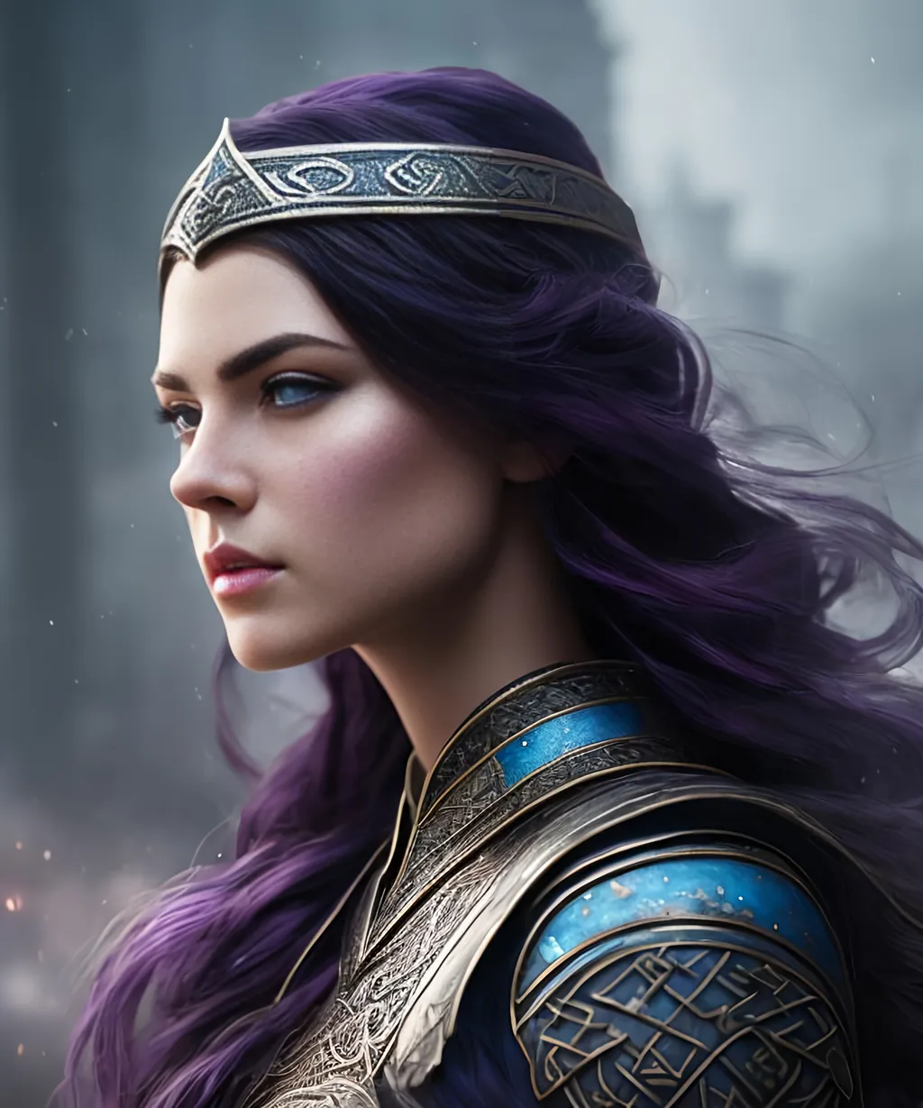 Prompt: she has dark purple hair, create most beautiful fictional female viking princess warrior, dark purple hair, light blue eyes, extremely detailed environment, detailed background, intricate, detailed skin, professionally color graded, photorealism, 8k, moody lighting