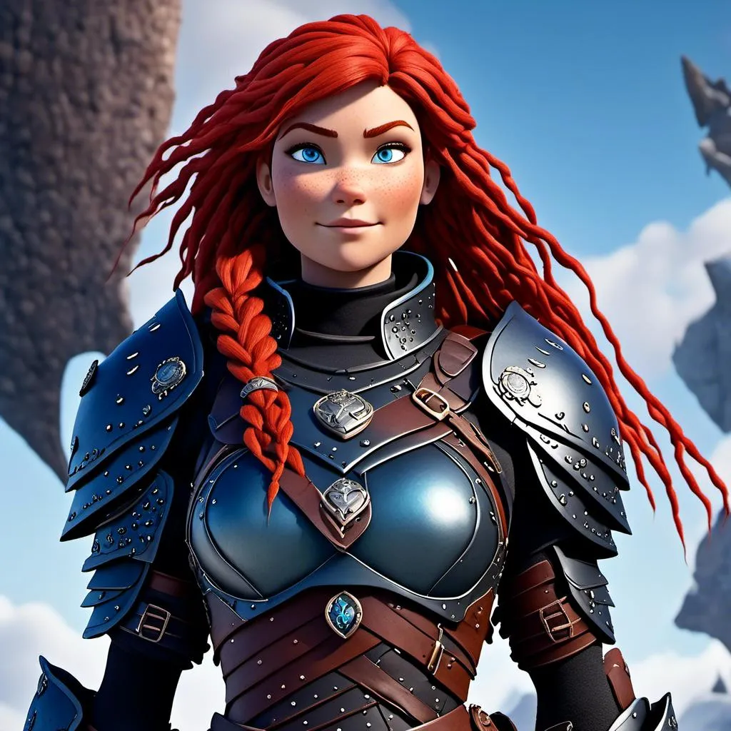 Prompt: <mymodel>CGI Animation of a viking woman of 40 years old, red hair with dreadlocks, blue eyes, all black gear and armor, leather highlights and textures, dragon scale textures and armor, intricate details, high quality, digital painting, cool tones, dramatic lighting