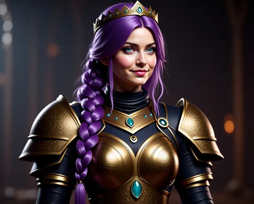 Prompt: <mymodel>Realistic photography, 20-year-old-old viking woman with light blue eyes, she is overjoyed, she has black gear and gold armor, purple hair with purple strands, standing in a dimly lit cave, single braid down her shoulder with a tiara, unreal engine 16k octane, 3d lighting, full armor