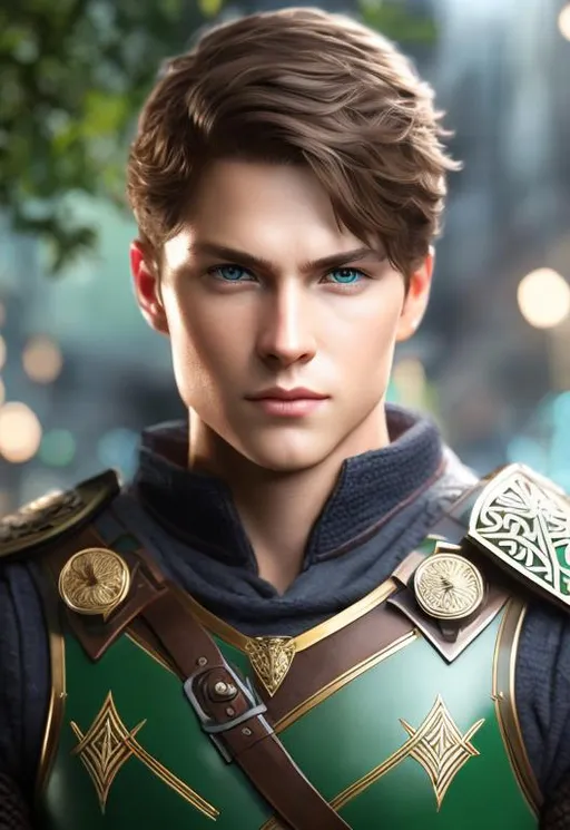 Prompt: he has short brown hair, create most handsome fit fictional male prince viking warrior, short brown hair, light green eyes, extremely detailed environment, detailed background, intricate, detailed skin, professionally color graded, photorealism, 16k, moody lighting