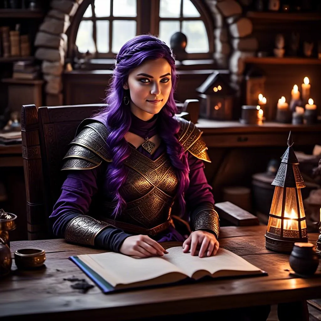 Prompt: Photo of <mymodel> with no armor casually relaxing sitting at a desk in her viking house