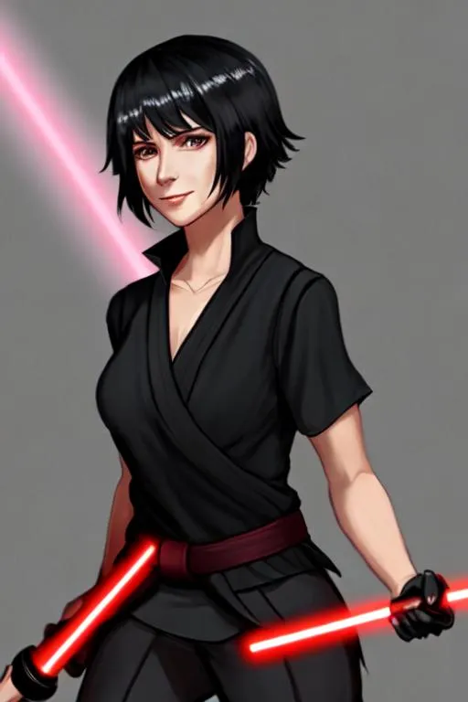 Prompt: A young woman Sith lord, with black short-length hair, black pants, a subtle smile, a black short sleeve shirt, a black vest past the waist, a black belt, black boots, two lightsabers one red and one light pink