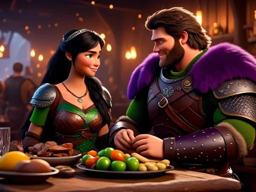 Prompt: <mymodel>CGI Animation, digital art, 20-year-old-old viking woman of royalty standing a busy tavern having a meal with her husband Jarl, Jarl is clean shaven, {{the woman has purple armor}}, black hair, straight hair with a tiara, subtle smile, Jarl has green armor and brown gear, unreal engine 8k octane, 3d lighting, close up camera shot on the face, full armor