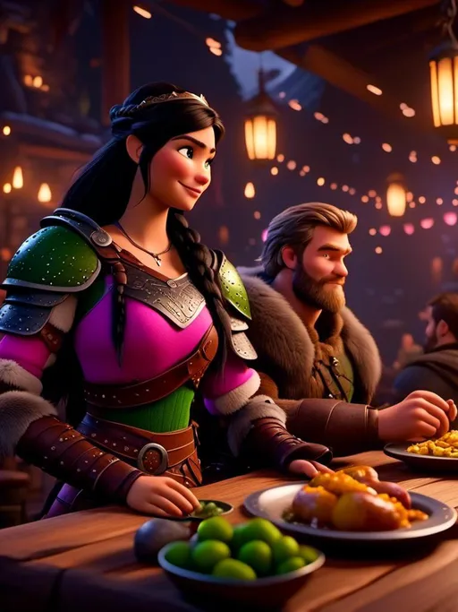 Prompt: <mymodel>CGI Animation, digital art, 20-year-old-old viking woman of royalty standing a busy tavern having a meal with her husband Jarl with green and brown armor, {{the woman has pink gear, purple armor}}, black hair, straight hair with a tiara, subtle smile, unreal engine 8k octane, 3d lighting, close up camera shot on the face, full armor