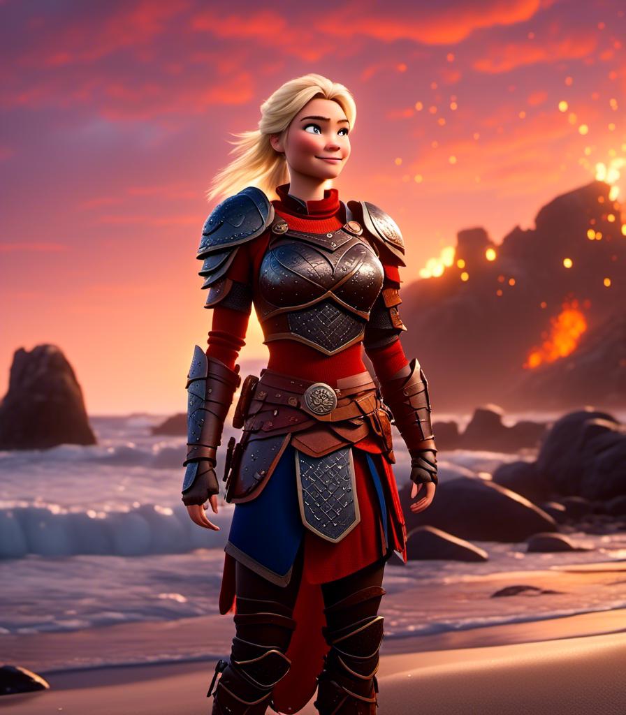 Prompt: <mymodel>CGI Animation, digital art, 20-year-old-old viking woman with blue eyes standing around several hot springs on a beach, sunset lighting, blue clothes, blue colored armor blonde straight hair, subtle smile, unreal engine 8k octane, 3d lighting, cinematic lighting, camera shot of full armor from head to toe