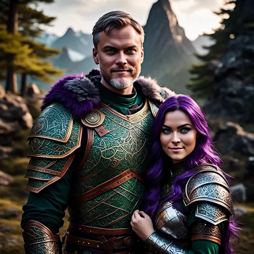 Prompt: Photo of <mymodel> standing next to her husband Jarl Mollerson who has green gear and silver armor