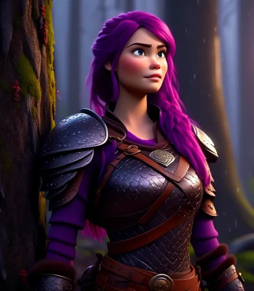 Prompt: <mymodel>CGI Animation, digital art, 20-year-old-old viking woman with light blue eyes, it is raining, she is of royalty standing at night next to a tree with her hands resting on the bark, she is in a dimly lit thick forest with trees everywhere, dense fog, {{black gear, purple armor}}, purple hair, single braid down her shoulder with a tiara, subtle smile, unreal engine 8k octane, 3d lighting, close up camera shot on the face, full armor