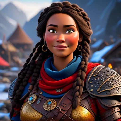 Prompt: <mymodel>CGi Animation, 25-year-old viking woman warrior with brown eyes, in a viking village, the viking woman has a subtle smile, black dreadlocks and braids in her hair, she has red gear, gold armor with bursts of blue textured splotches, black pants, black boots