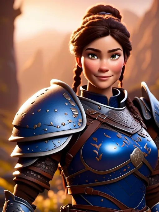 Prompt: <mymodel>Digital art, 18-year-old viking woman, subtle smile, cobalt blue gear, cobalt blue armor, brunette hair, two braids, dark brown eyes, unreal engine 8k octane, 3d lighting, full body, full armor