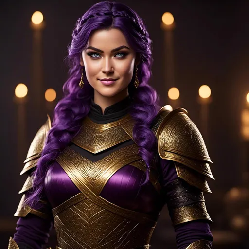 Prompt: create <mymodel> viking, vibrant colors, subtle smile, 23-year-old woman viking, dark purple hair, one braid, black pants, light blue eyes, cut over left eye to on cheekbone, black gear, gold armor, unreal engine 8k octane, 3d lighting, full body, full armor