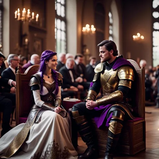 Prompt: Photo of a young <mymodel> sitting at the in The Great Hall discussing politics with her husband a young Jarl Mollerson, he has short brown hair and no beard