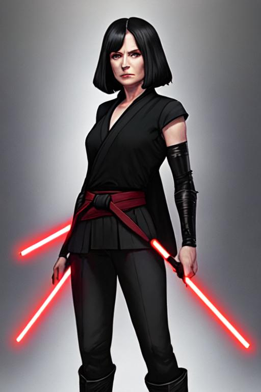 Prompt: A woman Sith lord, with black short-length hair, a subtle smile, a black short sleeve shirt, a black vest past the waist, a black belt, black pants, black boots, two lightsabers one red and one light pink