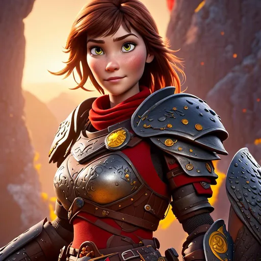 Prompt: <mymodel>CGI Animation of a viking female, brown hair, hazel eyes, bright red gear and armor, yellow highlights and textures, intricate details, high quality, digital painting, cool tones, dramatic lighting