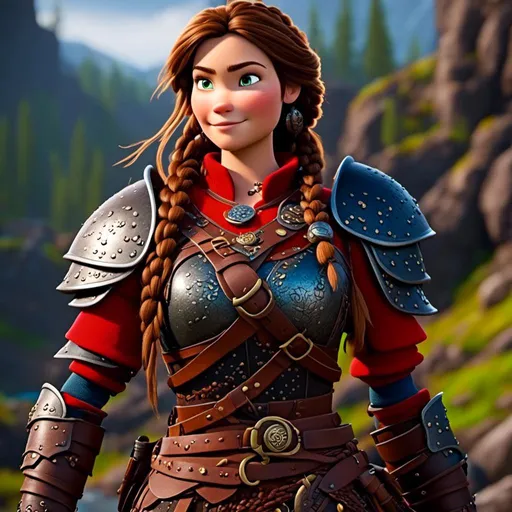 Prompt: <mymodel>CGI Animation, 20-year-old-old pirate woman, head is in rhe shape of an oval, {{brown gear, silver armor}}, brunette hair, dreadlocks, subtle smile, beads hair, small red earrings, multiple braids, straight hair, blue eyes, bracelets, rings on fingers, mercenary gear, unreal engine 8k octane, 3d lighting, full body, full armor