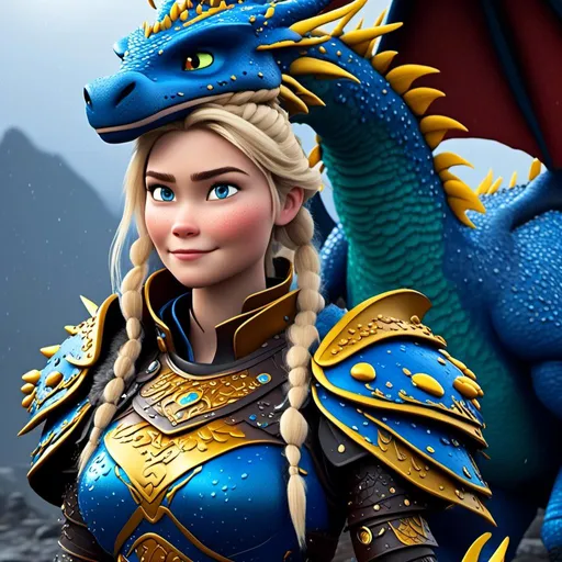 Prompt: <mymodel>CGi Animation, 20-year-old viking woman with blue eyes, a rainy scene, she is standing next to a bright blue dragon with gold highlights, they are both in the rain, the viking woman has a subtle smile, blonde hair in a ponytail style, she has blue gear, gold armor, black pants, black boots