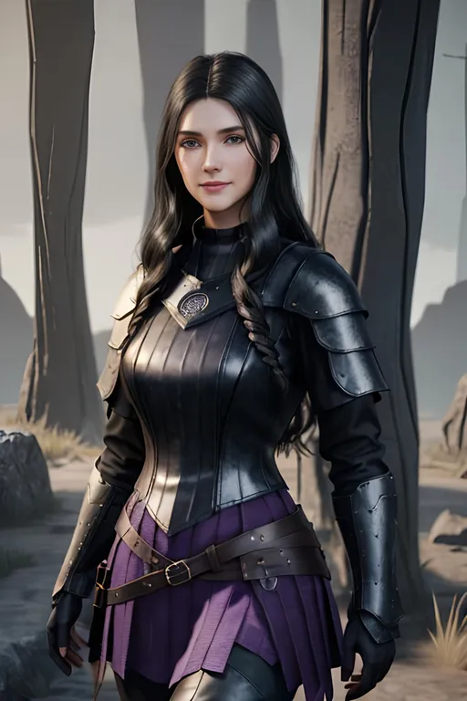 Prompt: Digital Art, 25-year-old viking woman, subtle smile, black straight hair, dark purple eyes, a dark purple long-sleeve shirt, textured skirt down to knees, dark purple pants, dark purple armor, long black hair with volume, middle part in hair, leather boots, dark purple gear, unreal engine 64k octane, hdr, 3d lighting, full body, full armor