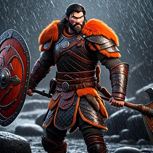 Prompt: <mymodel>Animated CGI style of a fierce Viking male about 25 years old, black hair, detailed facial features, leather armor {{((red))}} and orange armor, battle axe and shield, standing in the rain, intense and determined expression, dynamic and powerful pose, CGI, fierce male, Nordic designs, battle-ready, dynamic pose, professional lighting