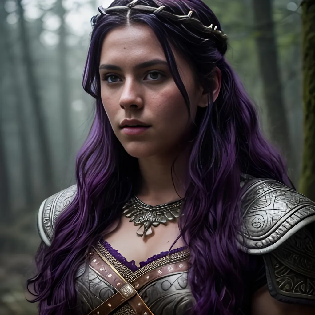 Prompt: create most beautiful fictional female viking princess, (((dark purple hair))), extremely detailed environment, detailed background, intricate, detailed skin, professionally color graded, photorealism, 8k, moody lighting