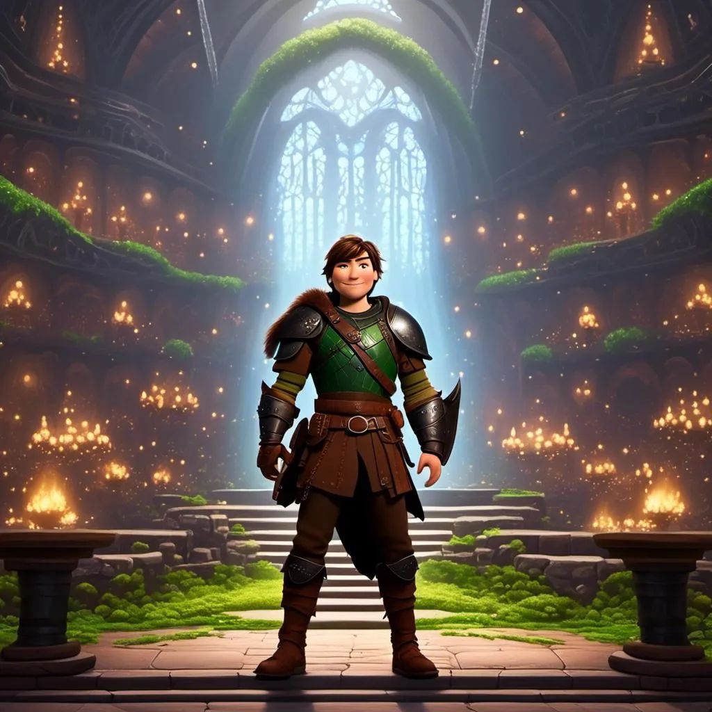 Prompt: <mymodel> viking man, lawyer, thin, small stature, standing in The Great Hall, medium length brown hair, brown eyes, no armor, European-like brown gear, brown leather vest, long sleeve green shirt underneath the brown leather vest, black highlights on his clothes, brown pants, brown boots, historical, strong and natural lighting