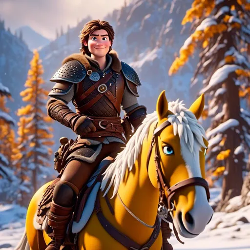 Prompt: <mymodel>CGI Animation, 20-year-old pirate man, rides a pale yellow horse through the snowy, a snowy scene, {{brown gear, silver armor}}, brunette hair, dreadlocks, subtle smile, beads hair, multiple braids, straight hair, blue eyes, bracelets, rings on fingers, mercenary gear, unreal engine 8k octane, 3d lighting, full body, full armor