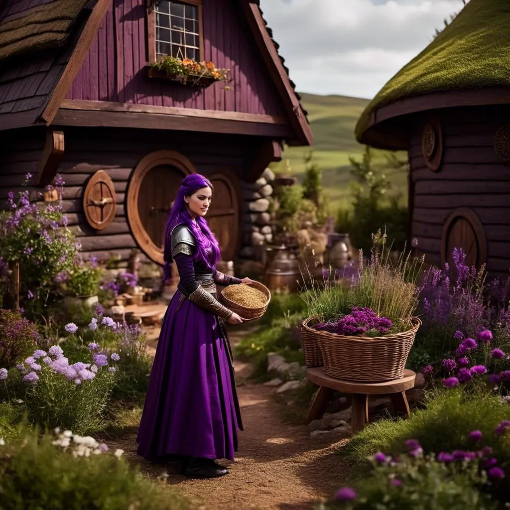 Prompt: Photo of <mymodel> tending to her garden beside her viking house