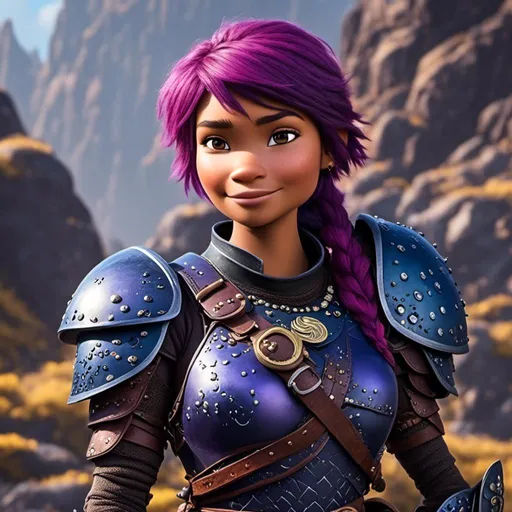 Prompt: a photo of <mymodel>, a caucasian viking female with purple hair and purple gear and armor with bursts of blue textures