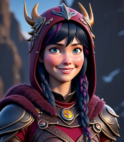 Prompt: <mymodel>CGI Animation, digital art, 20-year-old-old viking woman with violet eyes, Dark red Long sleeve shirt, skirt with dragon teeth on it, wears the snow wraith hood, ((dark dark blue hair with teal, pink and purple streaks)), subtle smile, unreal engine 8k octane, 3d lighting, close up camera shot on the face, full armor