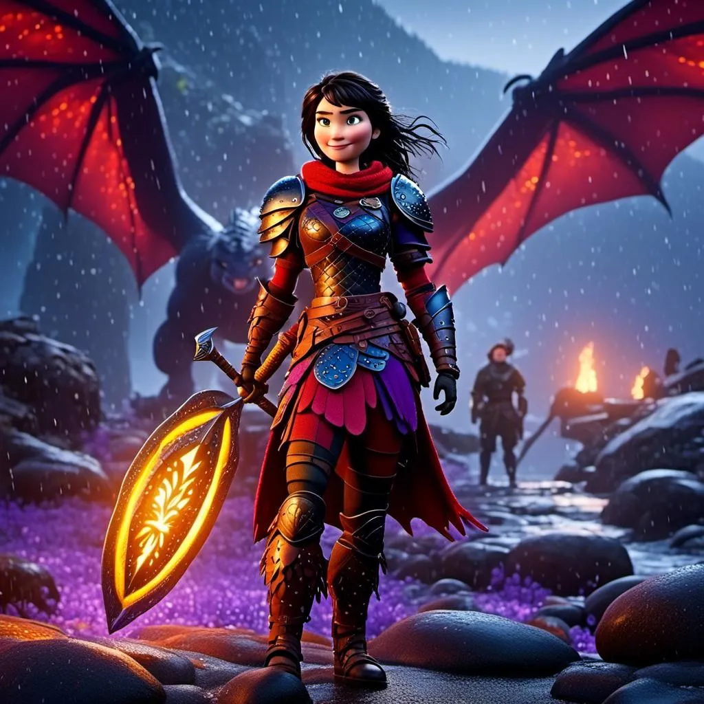 Prompt: <mymodel>CGi Animation, 20-year-old viking woman warrior with blue eyes, a rainy scene, the viking woman has a subtle smile, black hair, she has red gear, yellow armor with bursts of purple splotches, black pants, black boots, she is standing next to a bright red dragon with purple highlights, they are both in the rain