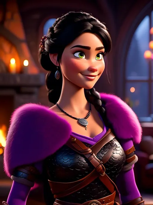 Prompt: <mymodel>CGI Animation, digital art, 20-year-old-old viking woman of royalty standing in her home in the living room next to the fireplace, light blue eyes, {{black gear, purple armor}}, black hair, single braid down her shoulder with a tiara, subtle smile, unreal engine 8k octane, 3d lighting, close up camera shot on the face, full armor