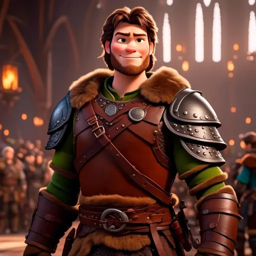 Prompt: <mymodel> viking man, lawyer, thin, small stature, standing in The Great Hall, medium length brown hair, angry smile, brown eyes, no armor, European-like brown gear, brown leather vest, long sleeve green shirt underneath the brown leather vest, black highlights on his clothes, brown pants, brown boots, historical, strong and natural lighting