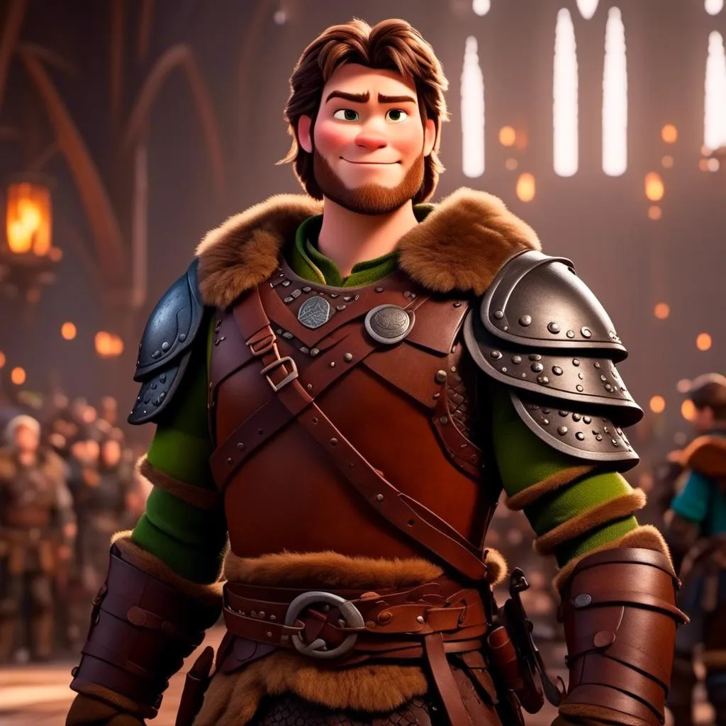 Prompt: <mymodel> viking man, lawyer, thin, small stature, standing in The Great Hall, medium length brown hair, angry smile, brown eyes, no armor, European-like brown gear, brown leather vest, long sleeve green shirt underneath the brown leather vest, black highlights on his clothes, brown pants, brown boots, historical, strong and natural lighting