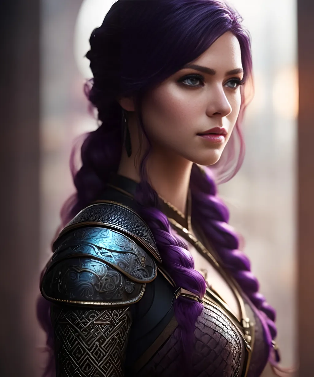 Prompt: she has dark purple hair, create most beautiful fictional female viking princess warrior, dark purple hair, light blue eyes, extremely detailed environment, detailed background, intricate, detailed skin, professionally color graded, photorealism, 8k, moody lighting