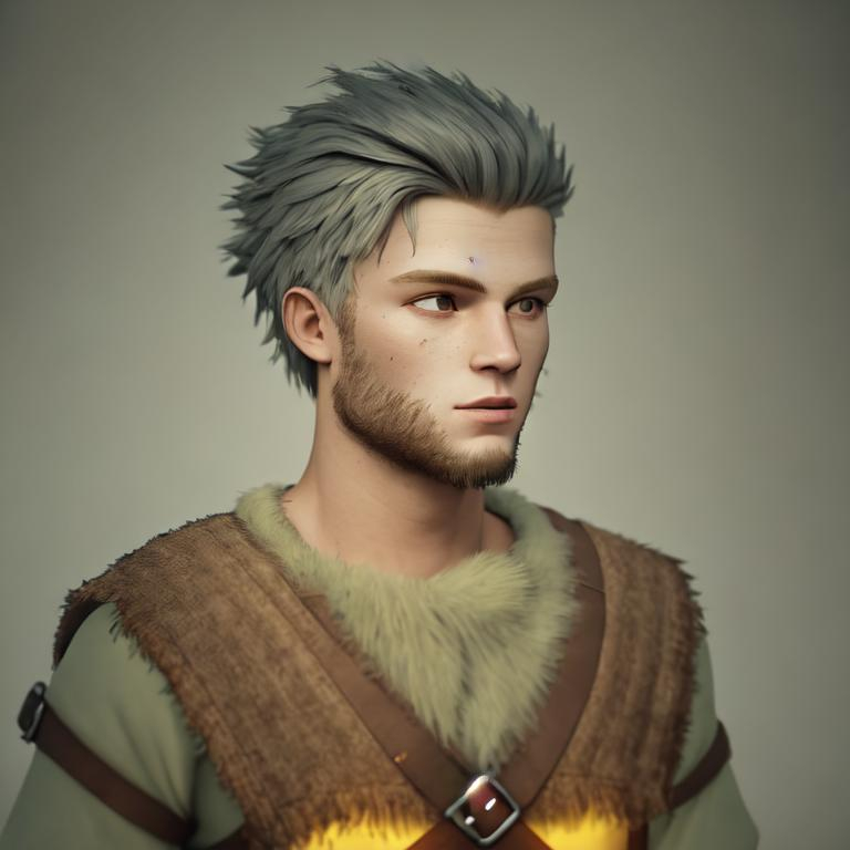 Prompt: Digital art, 22-year-old viking man, viking gear, black hair, short black stubble beard, hazel eyes, yellow viking gear, adventurer, unreal engine 8k octane, 3d lighting