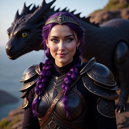 Prompt: @C72u67yvJzRwgpKerHtg CGI Animation, digital art, 20-year-old-old viking woman with light blue eyes, standing next to her black dragon on a cliff, she is of royalty, {{black gear, purple armor}}, purple hair, single braid down her shoulder with a tiara, subtle smile, unreal engine 8k octane, 3d lighting, close up camera shot on the face, full armor