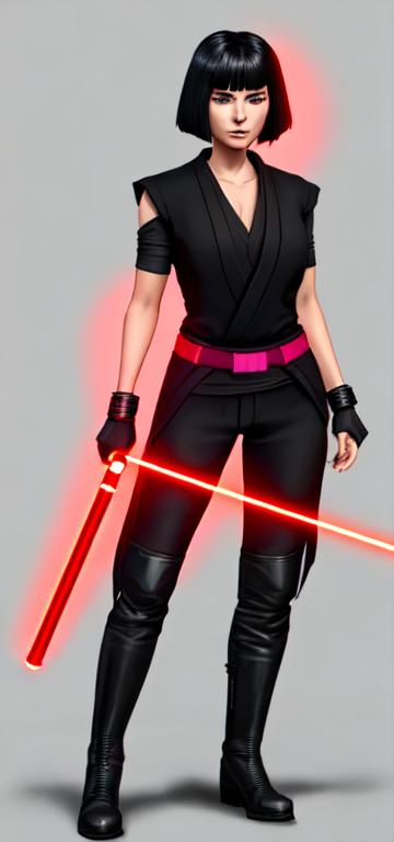 Prompt: Digital Art, A young woman Sith lord, with black short-length hair, black pants, a subtle smile, a black short sleeve shirt, a black vest past the waist, a black belt, sleek black boots, two lightsabers one red, and one light pink, unreal engine 8k octane, full body, full gear