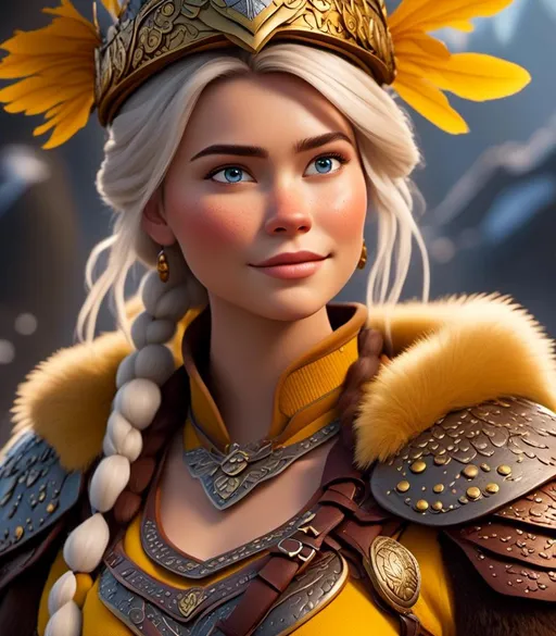 Prompt: <mymodel>CGI Animation, digital art, 20-year-old-old viking woman with light blue eyes, yellow clothes, gold colored armor, white hair, double braids down her shoulders with a tiara, subtle smile, unreal engine 8k octane, 3d lighting, close up camera shot on the face, full armor