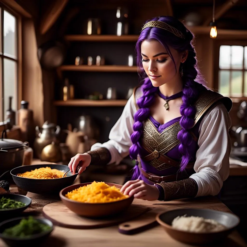 Prompt: Photo of <mymodel> working in the kitchen preparing food in her viking house