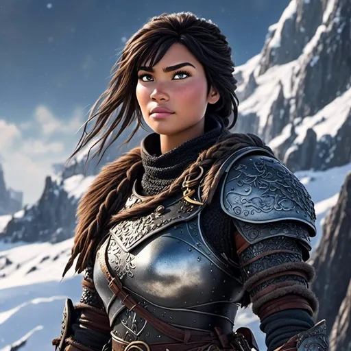 Prompt: <mymodel>animated CGI style, caucasian white, black hair, viking female warrior, detailed braided hair and battle scars, rugged and weathered armor, intense and determined gaze, snowy and rugged landscape, fierce, warrior, detailed hair, battle scars, snowy landscape, intense gaze, weathered armor, dramatic lighting