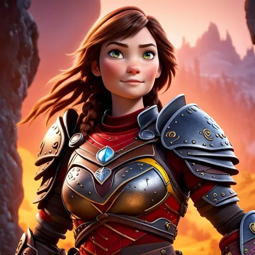 Prompt: <mymodel>CGI Animation of a viking female, brown hair, hazel eyes, bright red gear and armor, yellow highlights and textures, intricate details, high quality, digital painting, cool tones, dramatic lighting