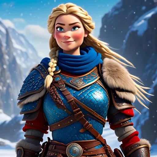 Prompt: <mymodel>CGi Animation, 25-year-old viking woman warrior with blue eyes, a snowy scene, the viking woman has a subtle smile, blonde dreadlocks and braids in her hair, she has red gear, gold armor with bursts of blue textured splotches, black pants, black boots