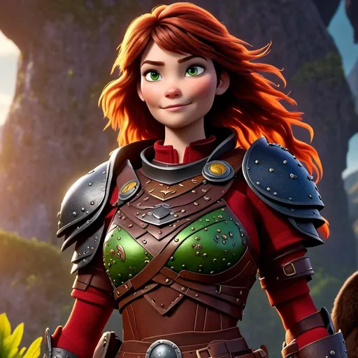 Prompt: <mymodel>CGI Animation of a viking female, brown hair, bright red gear and armor, yellow highlights and textures, green eyes, intricate details, high quality, digital painting, cool tones, dramatic lighting