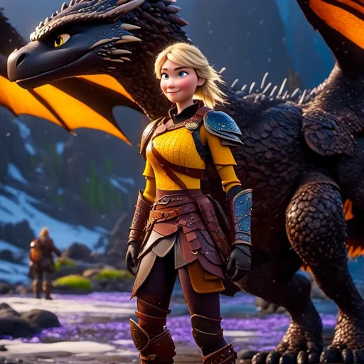 Prompt: <mymodel>CGi Animation, 20-year-old viking woman with blue eyes, a rainy scene, the viking woman has a subtle smile, blonde hair, she has blue gear, yellow armor, black pants, black boots, she is standing next to a bright blue dragon with purple highlights, unreal engine 8k octane, 3d lighting, full body, full armor
