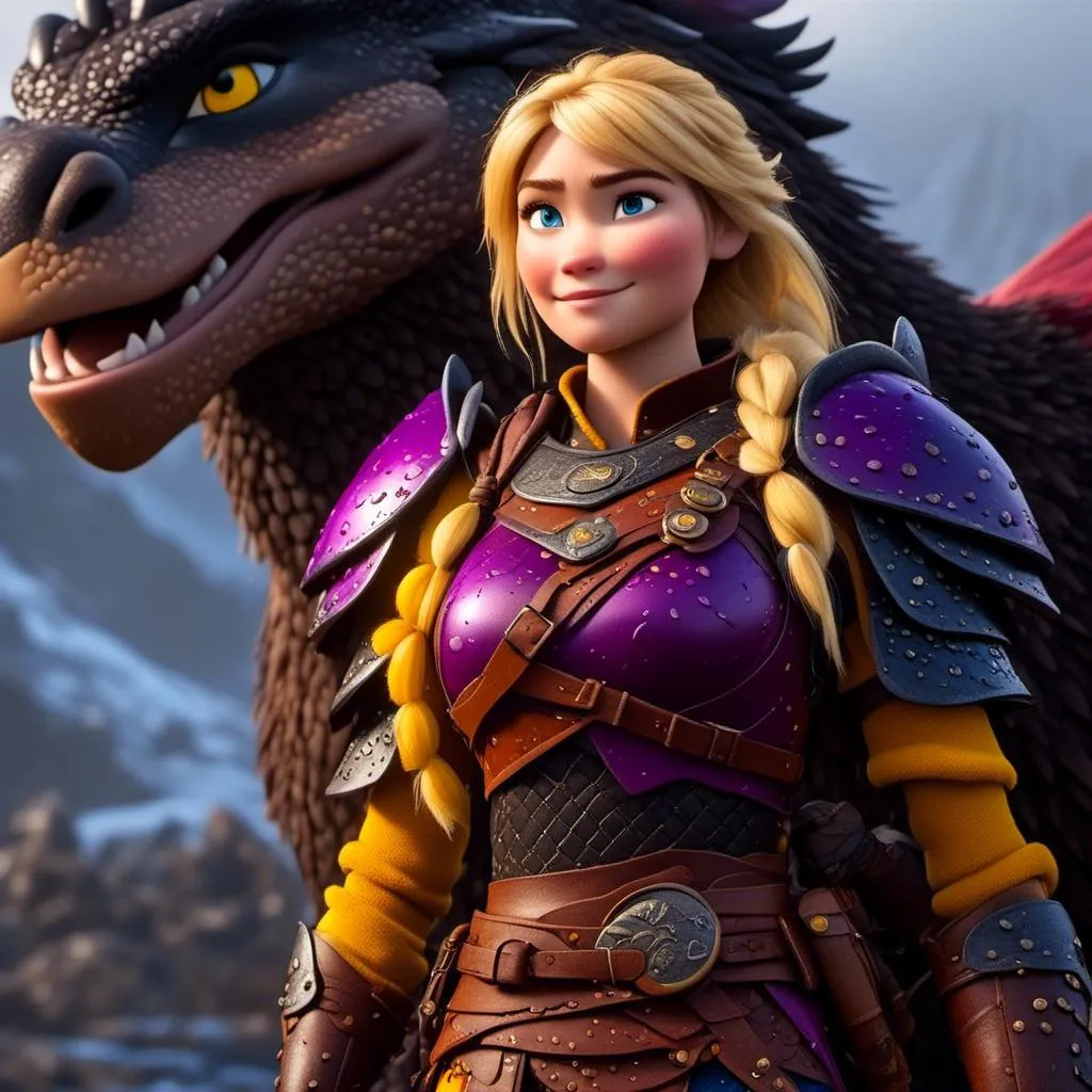 Prompt: <mymodel>CGi Animation, 20-year-old viking woman with blue eyes, a rainy scene, the viking woman has a subtle smile, blonde hair, she has blue gear, yellow armor, black pants, black boots, she is standing next to a bright blue dragon with purple highlights, unreal engine 8k octane, 3d lighting, full body, full armor