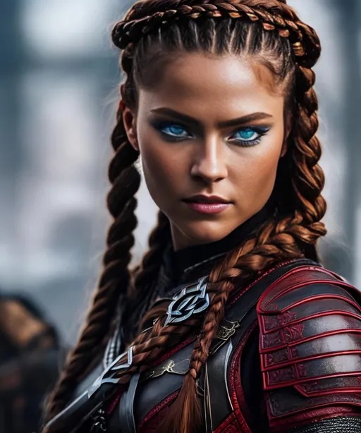 Prompt: she has red braided cornrow hair, create most beautiful fictional female viking warrior, red hair, blue eyes, brown leather battle gear, extremely detailed environment, detailed background, intricate, detailed skin, professionally color graded, photorealism, 8k, moody lighting
