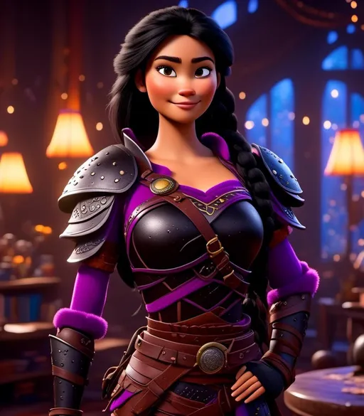 Prompt: <mymodel>CGI Animation, digital art, 20-year-old-old viking woman with light blue eyes, she is standing in her library, she is of royalty, {{black gear, purple armor}}, black hair with purple strands, single braid down her shoulder with a tiara, subtle smile, unreal engine 8k octane, 3d lighting, close up camera shot on the face, full armor