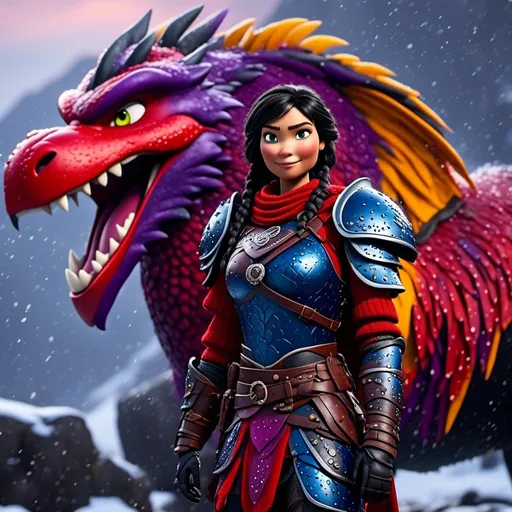 Prompt: <mymodel>CGi Animation, 20-year-old viking woman warrior with blue eyes, a snowy scene, the viking woman has a subtle smile, black hair, she has red gear, yellow armor with bursts of purple splotches, black pants, black boots, she is standing next to a bright red dragon with purple highlights, they are both in the rain